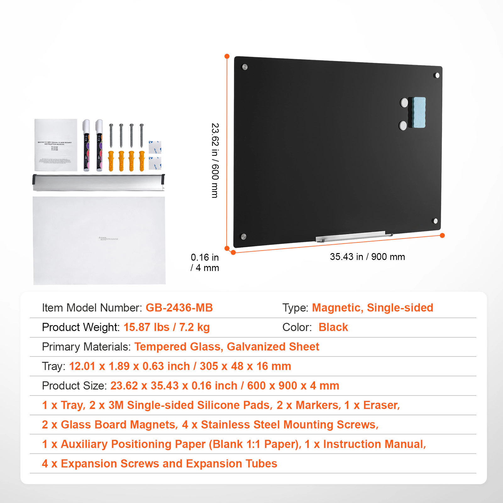HONGGE 36 x 24 Inch Magnetic Glass Whiteboard, Frameless Wall-Mounted Dry Erase Board with Marker Tray