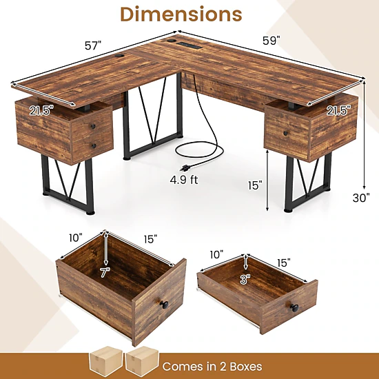 SlickBlue L-Shaped Office Desk with 3 Drawers and Power Station