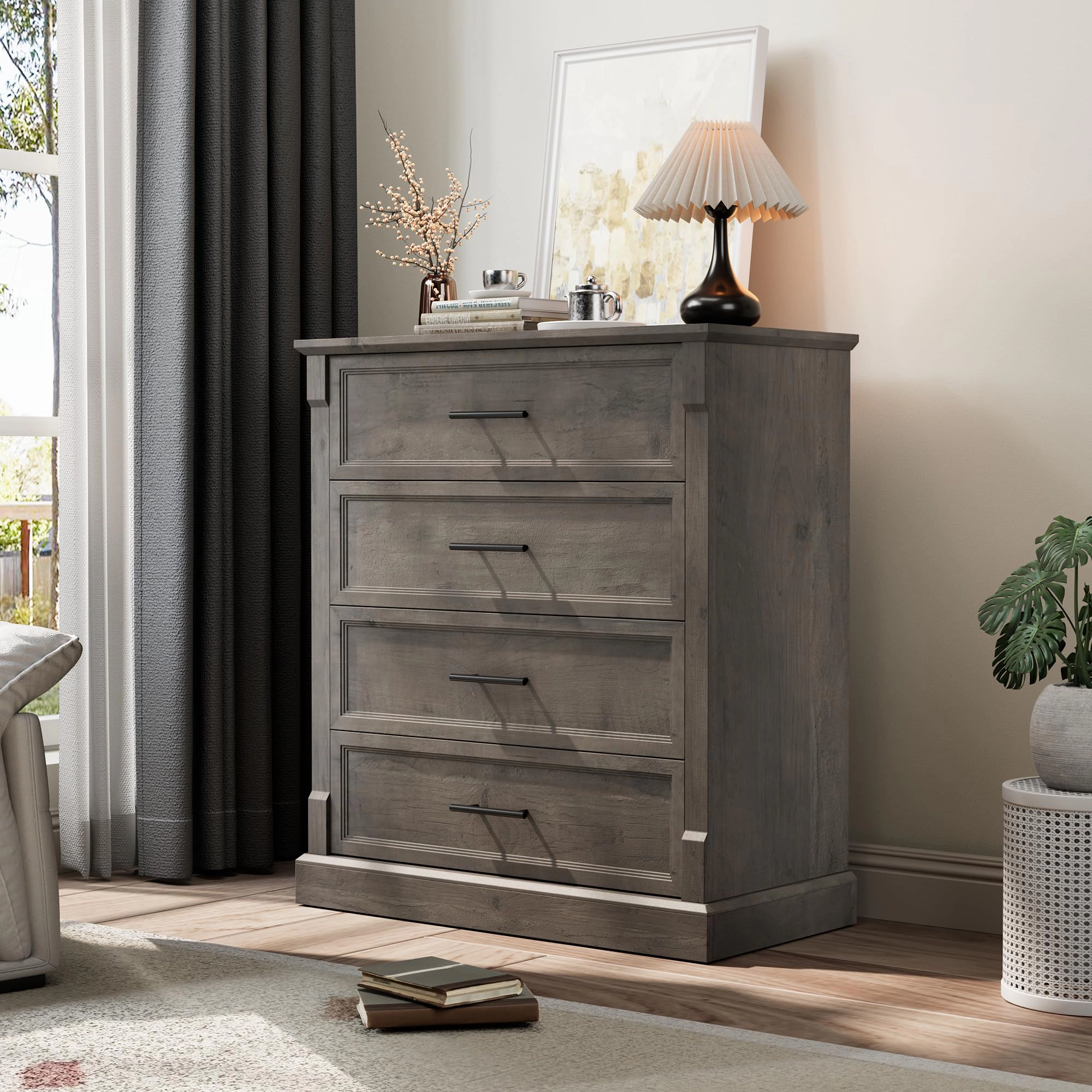 Farmhouse 4 Drawer Tall Dresser with Metal Handles, Rustic Wooden Chest for Bedroom Living Room Hallway