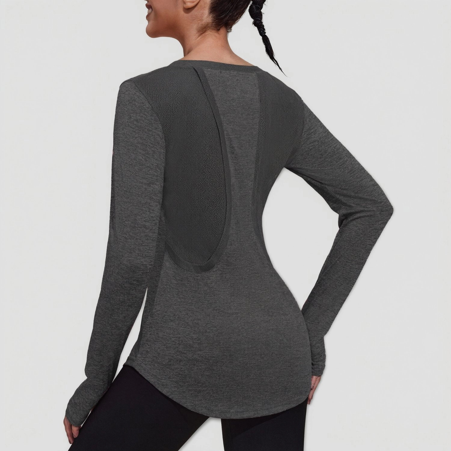 Pinspark Womens Long Sleeve T-Shirts Solid Gray Mesh Back Tee Round Neck Casual Tops