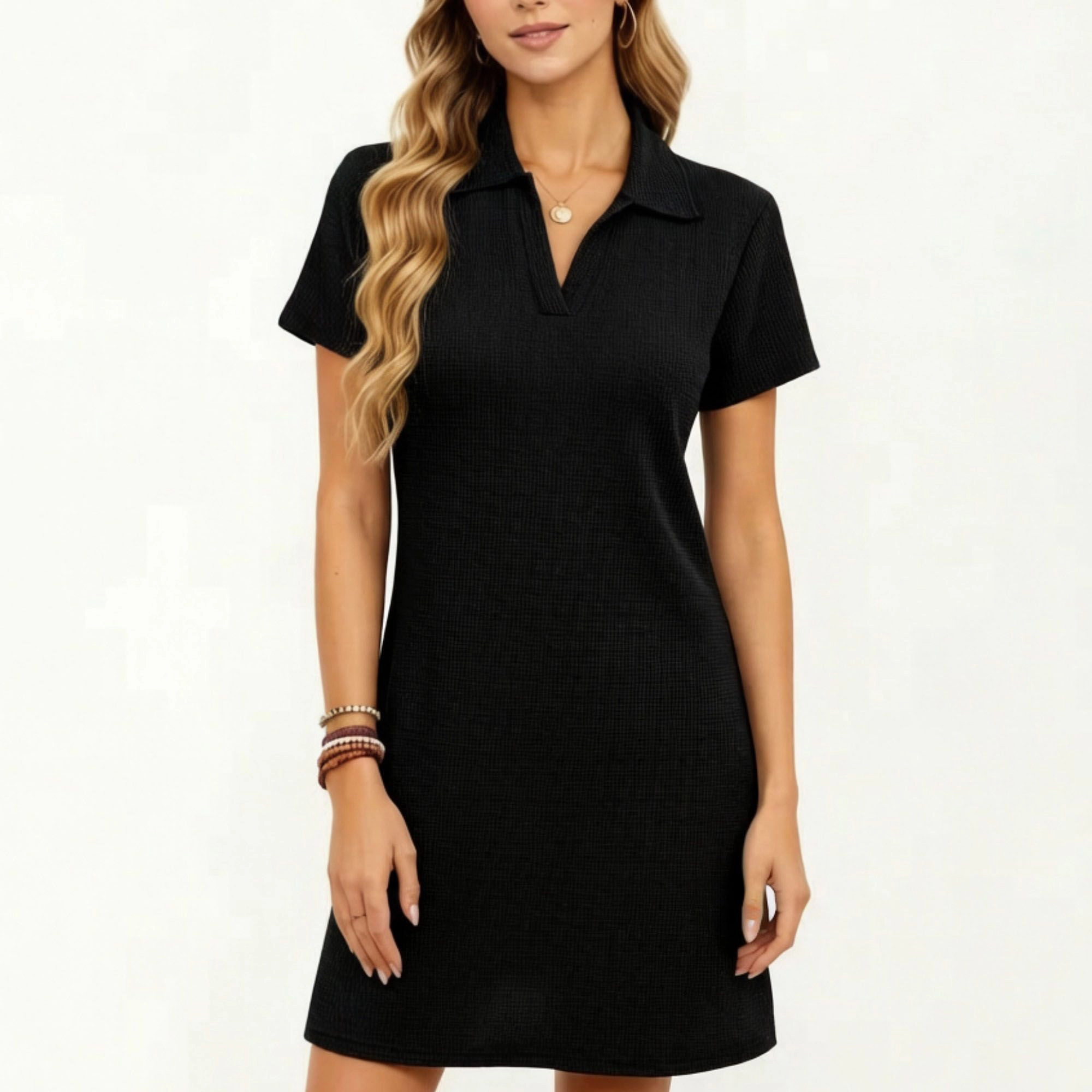 Anna-Kaci Women's Short Sleeve Collared Split V Neck Textured Knit Relaxed Fit Casual Mini Dress