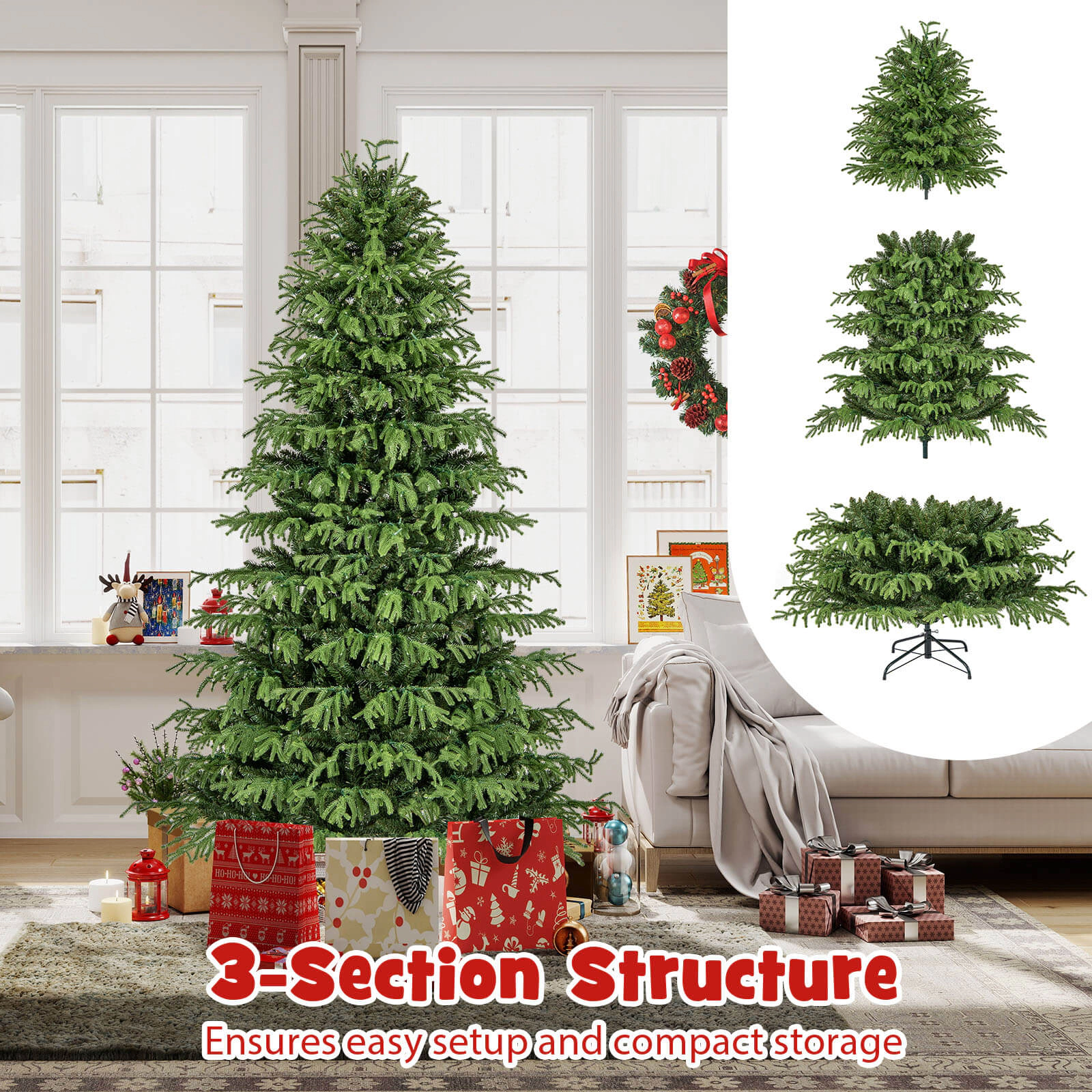 Costway 6/7/8 FT Artificial Christmas Tree with 270/370 LED Lights, 746/1090/1470 Branch Tips for Home Party