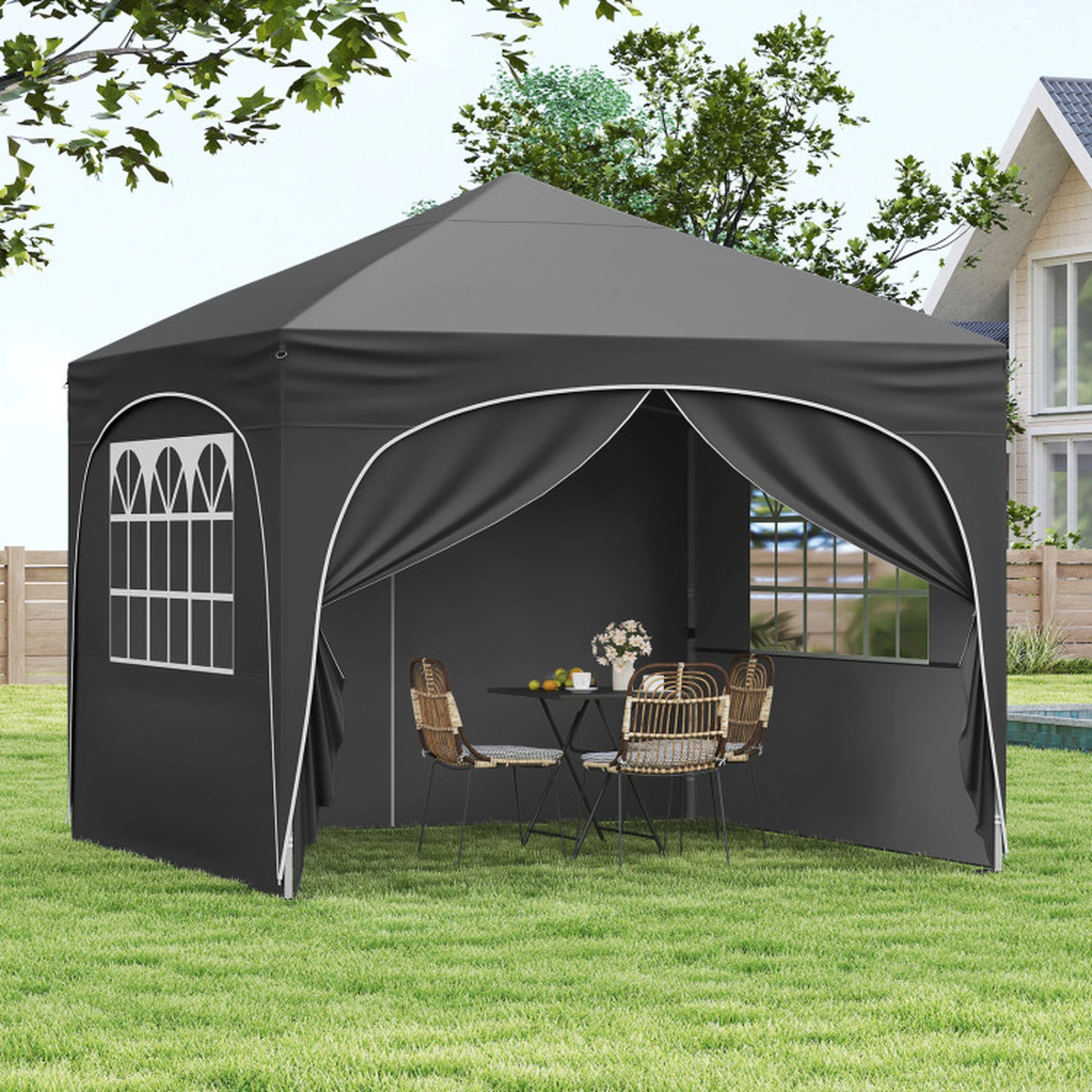 SUGIFT Gray Pop Up Canopy Tent with 4 Detachable Sidewalls Wheeled Bag and 4 Sandbags 10-ft W 10-ft D 9.4-ft H