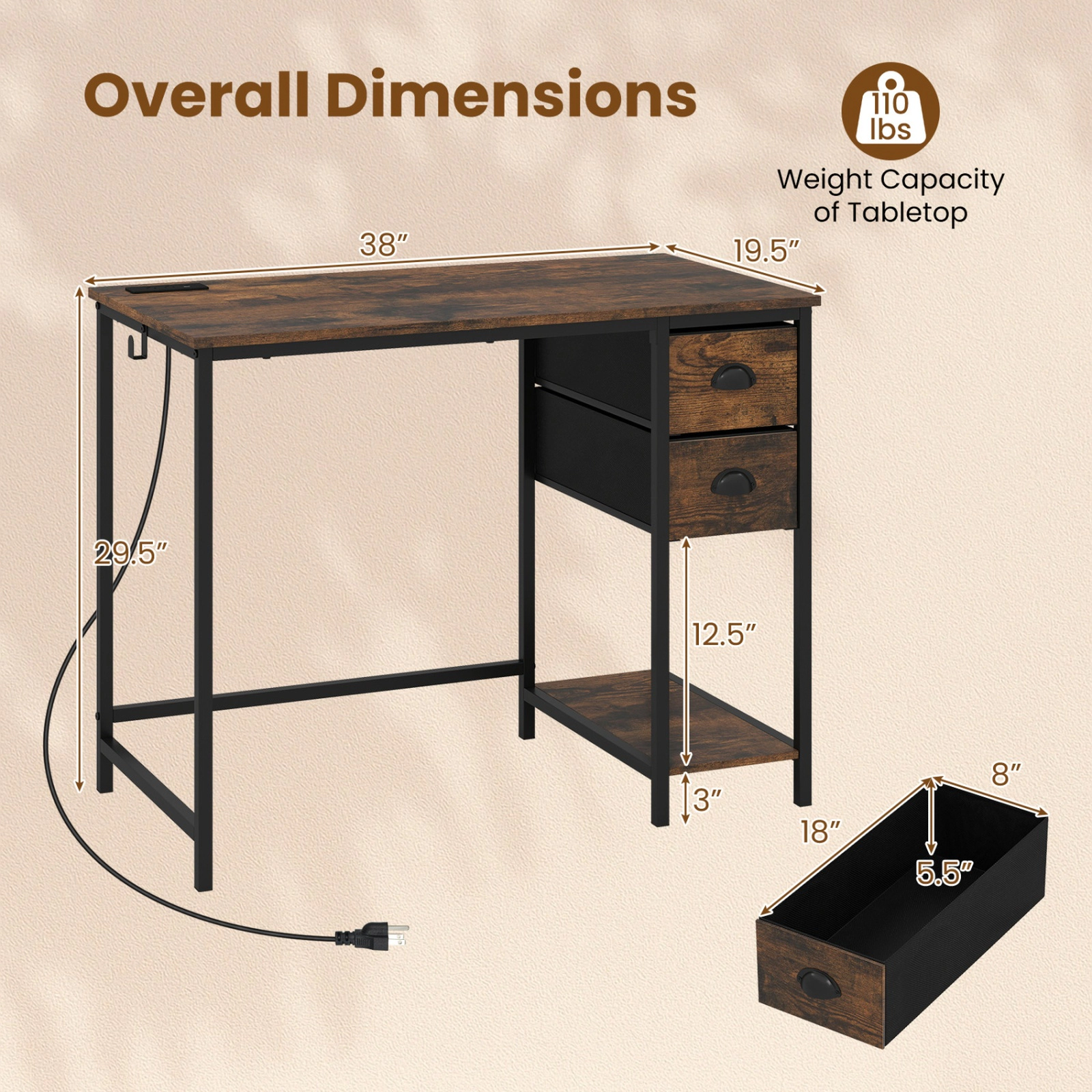 SUGIFT 38 in Computer Desk Rustic Brown with Charging Station and 2 Fabric Drawers
