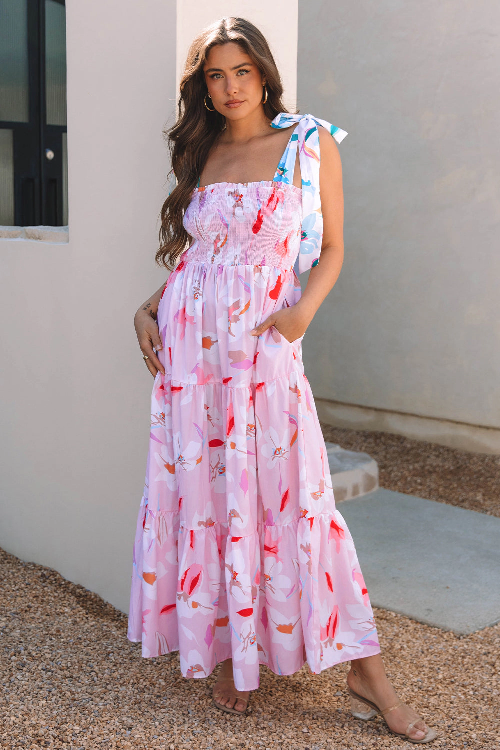 Threaded Pear Women's Flora Floral Knotted Shoulder Smocked Maxi Dress