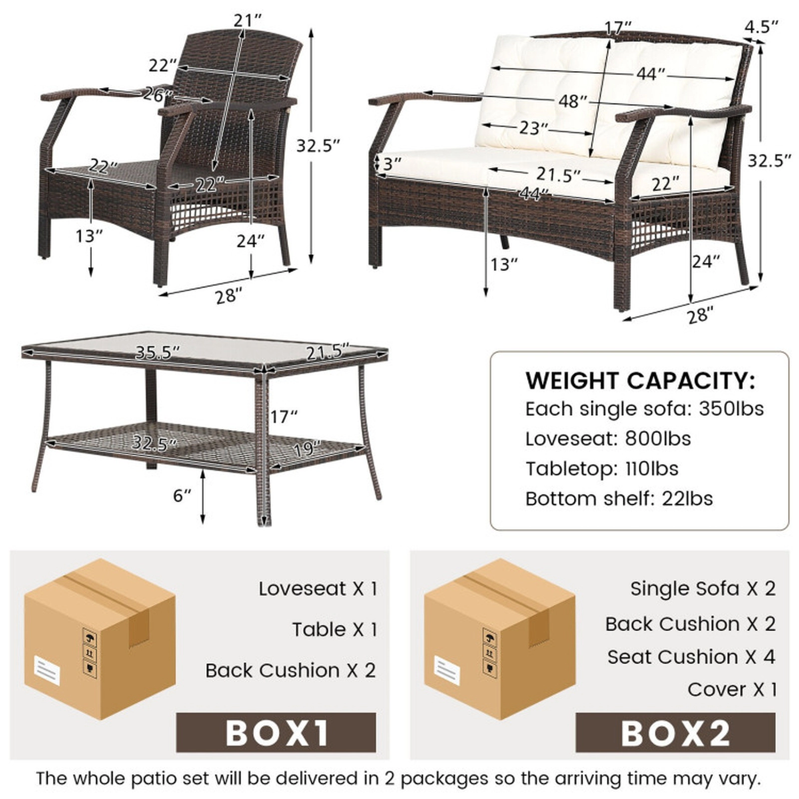 SUGIFT 4-Piece Off White Rattan Patio Conversation Set with Cover 48-in W 32.5-in H 800-lb Loveseat Capacity
