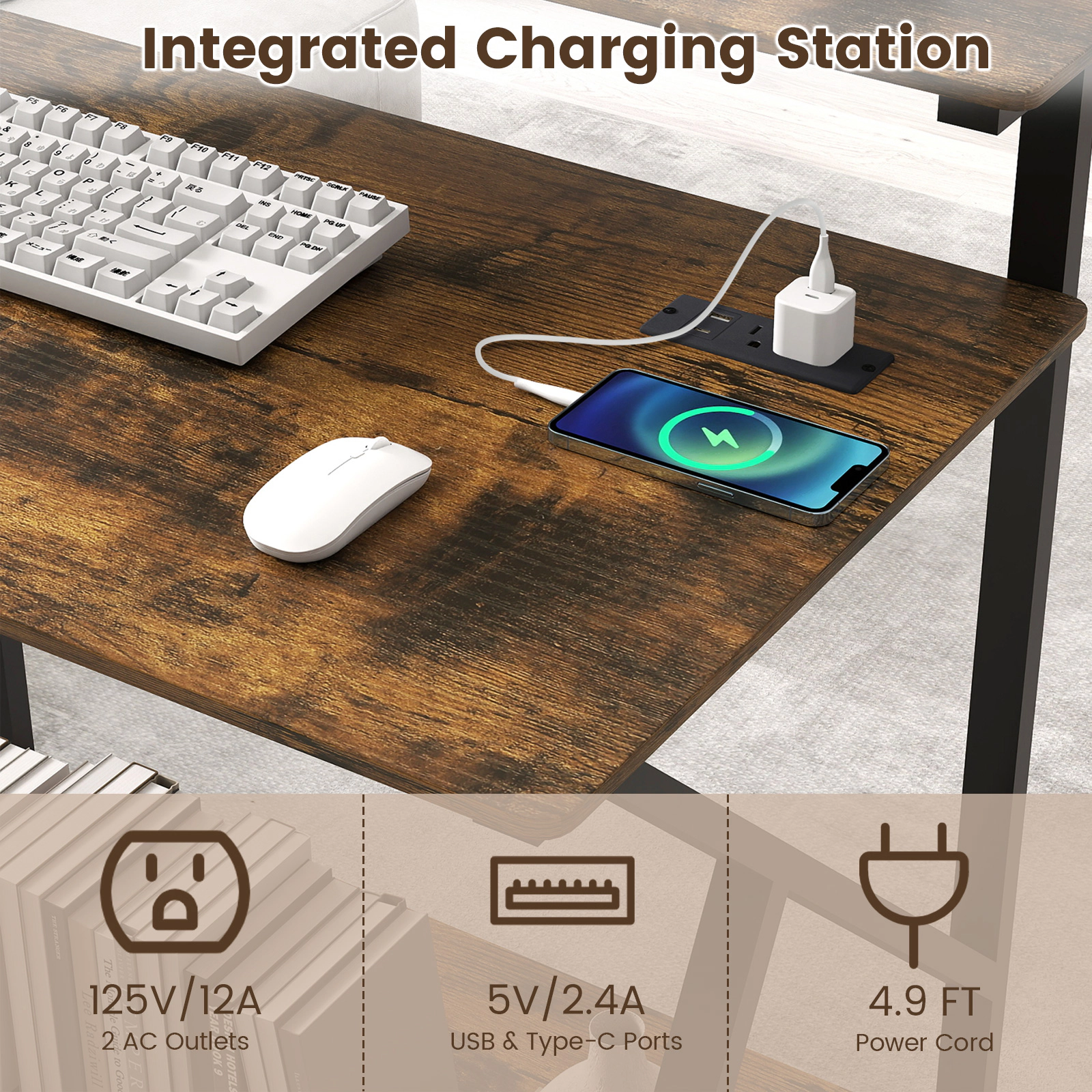 SUGIFT 32 in Rolling Computer Desk Rustic Brown for Small Spaces with Power Outlets
