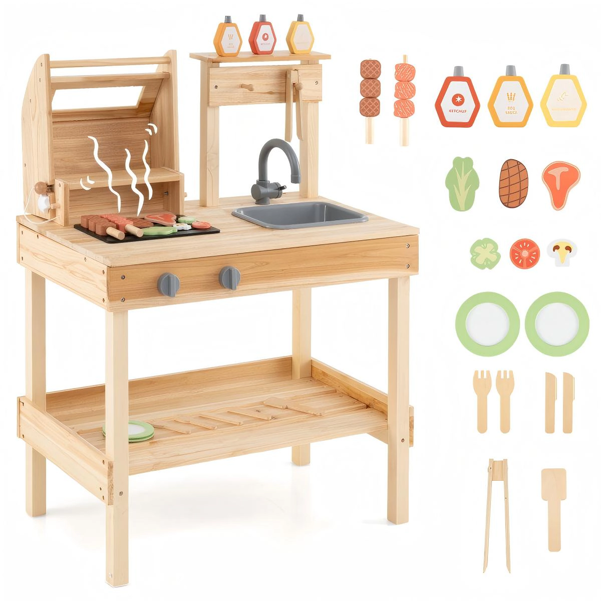 SUGIFT Kids Wooden Barbecue Grill Playset with 25 Play Food and BBQ Accessories Open Shelves and Lid Stopper