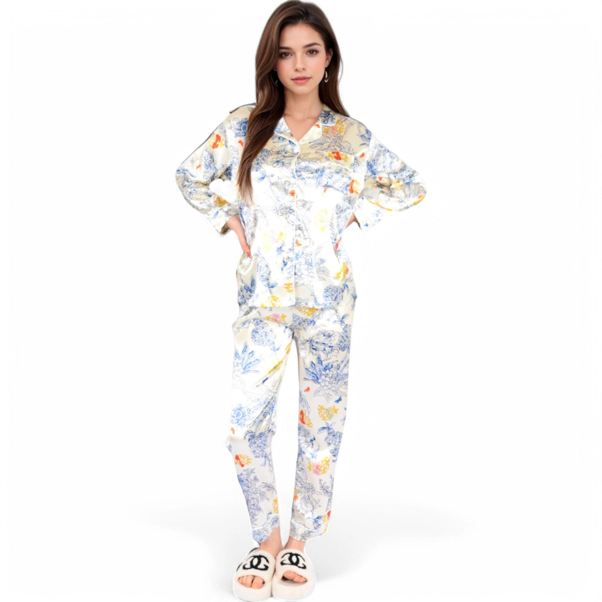 Anna-Kaci Women's Botanical Print Satin Pajama Set with Button Up Top and Long Pants