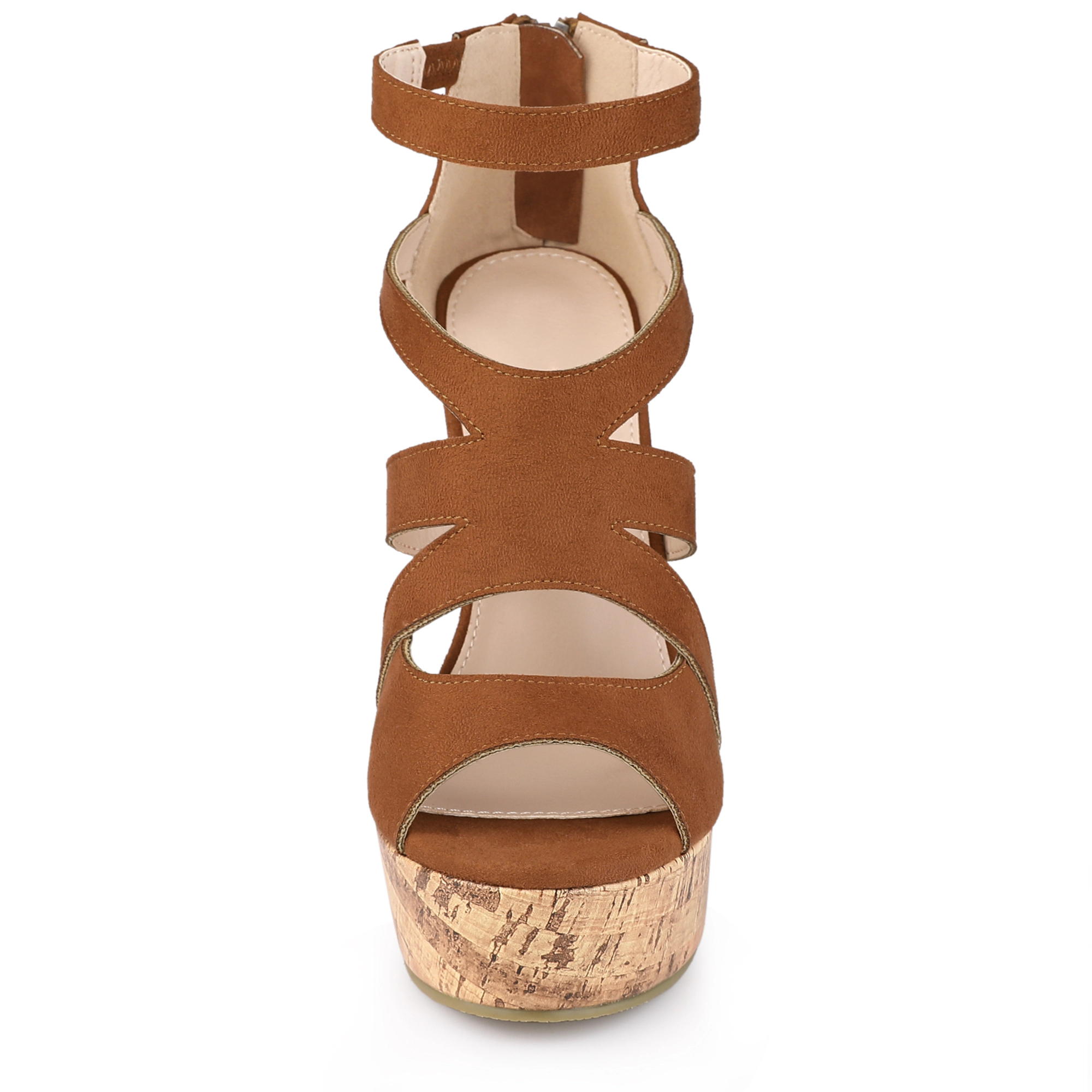 BLISSFUL STEP Women's Platform Peep Toe Cutout Caged Cork Wedge Heel Sandals