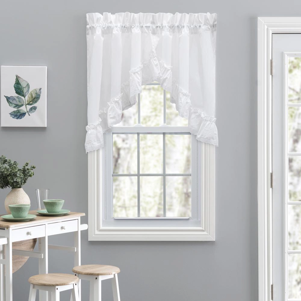 Ellis Curtain Madelyn Ruflled Victorian 1.5" Rod Pocket Swag for Windows Lace Edge 82" x 38" White