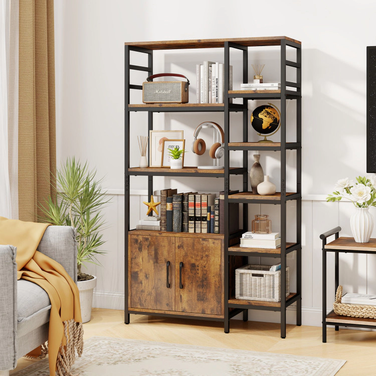 Hivvago Double Wide 8-Tier Bookshelf with 2-Door Cabinet for Living Room Home Office