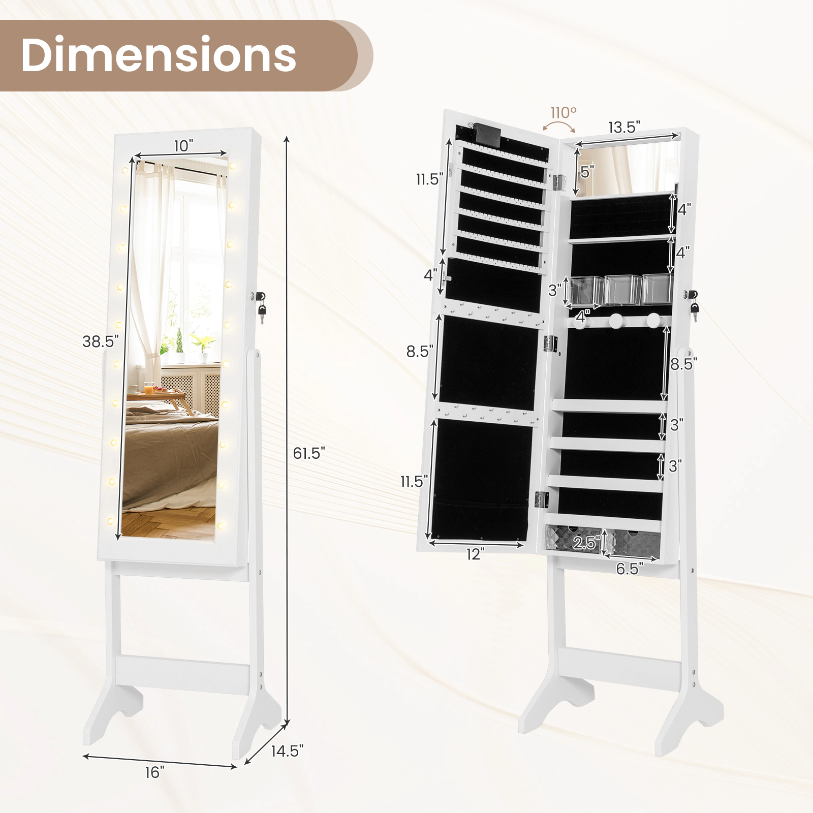 SUGIFT 61.5-in Full-Length Mirror Jewelry Cabinet with 20 Warm Lights and 4 Tilt Angles MDF Frame White