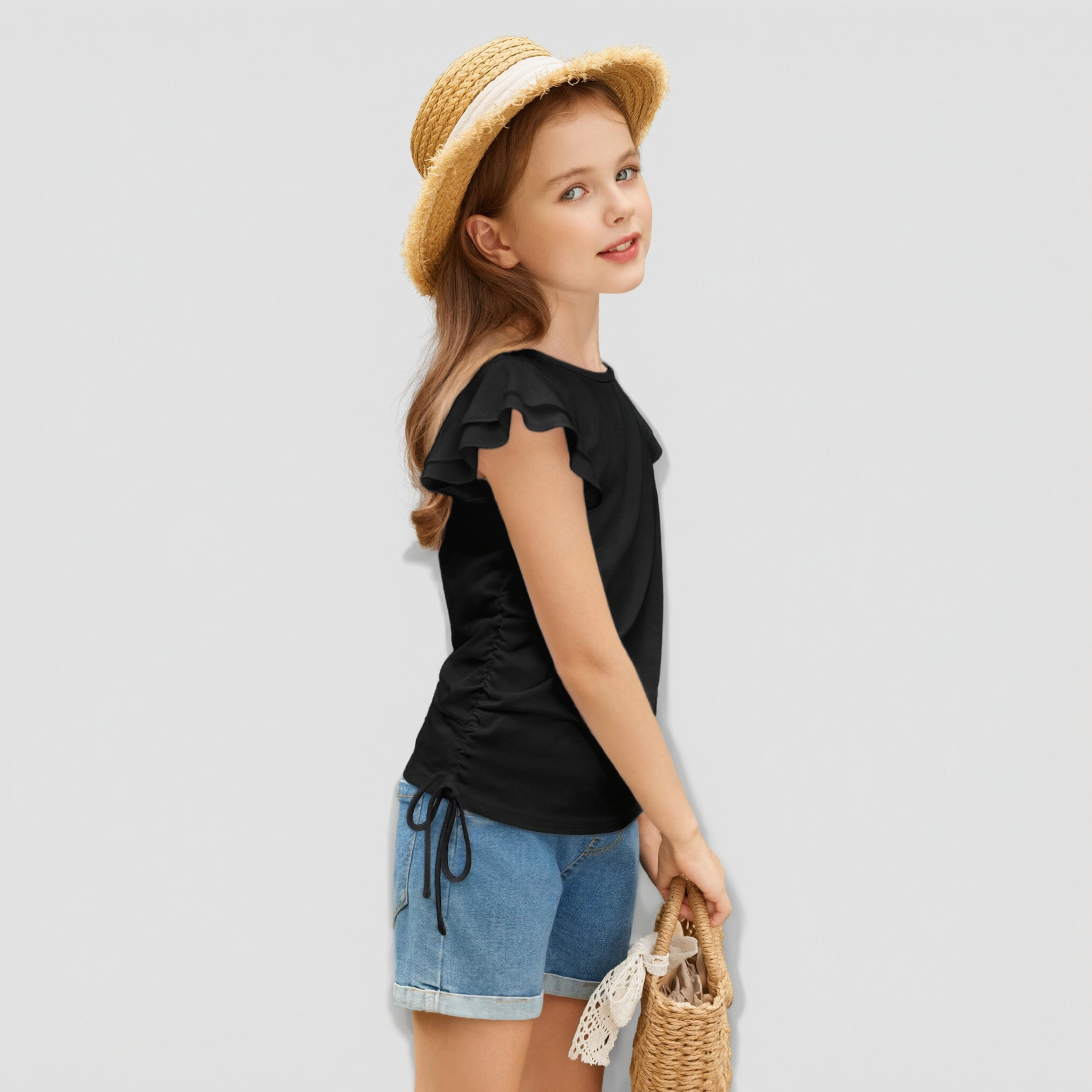 Arshiner Girls Ruffle Short Sleeve Ruched Knot Side Summer Tunic Tee Top