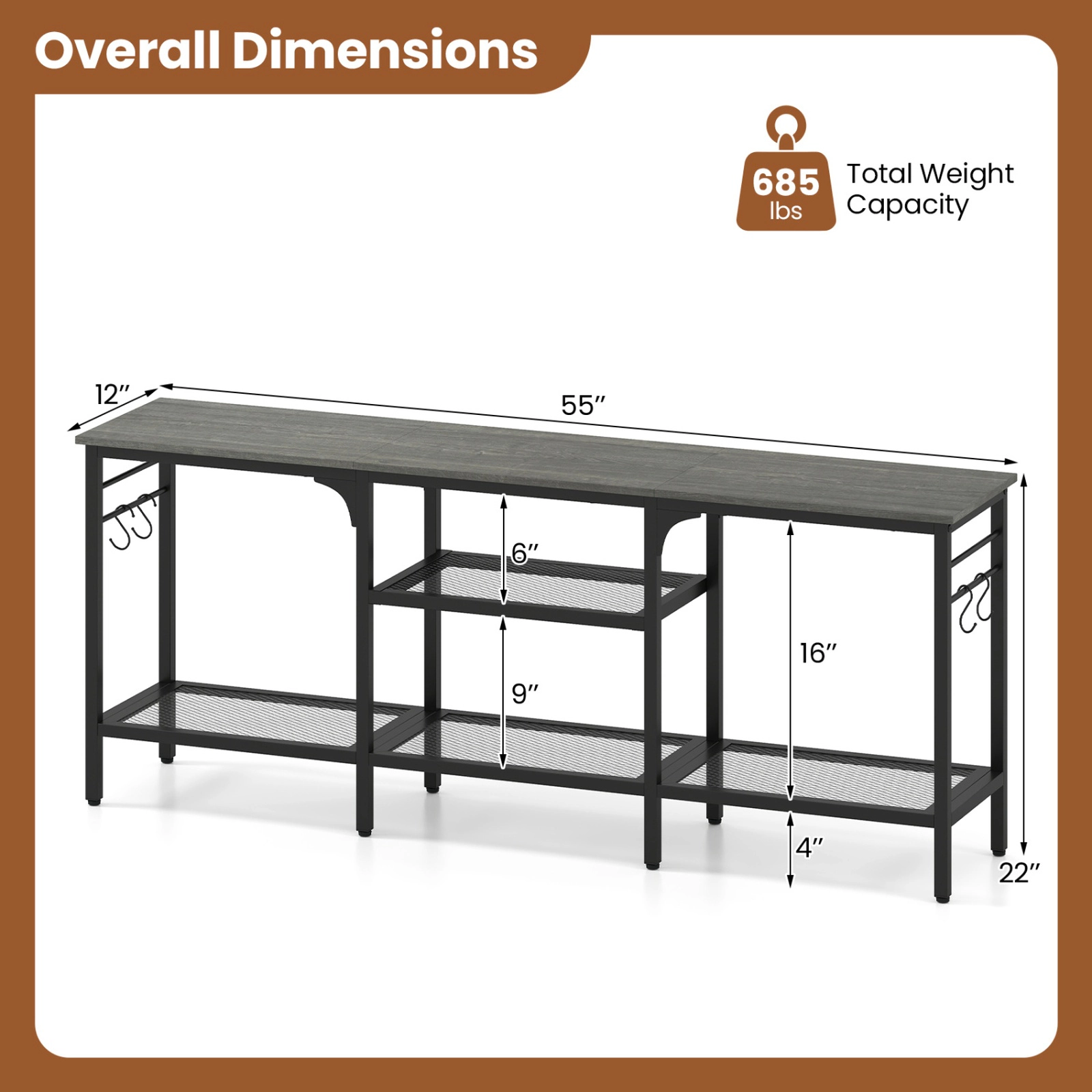 SUGIFT 3-Tier TV Stand with Open Shelves and 4 Hooks 685-lb Total Capacity 55-in Wide for TVs up to 65 in Oak & Black