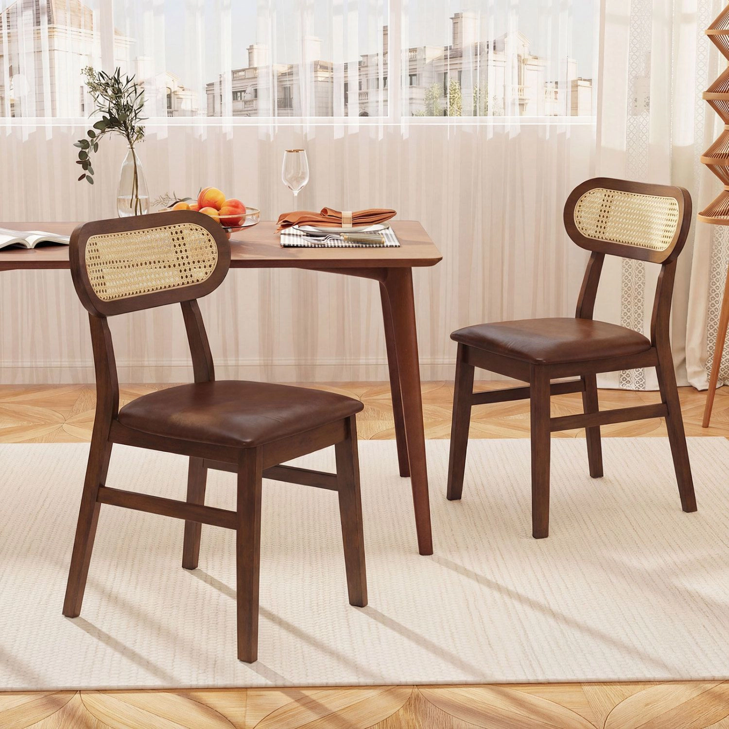 SlickBlue Set of 2 Dining Chairs with Rattan Backrest and PU Seat