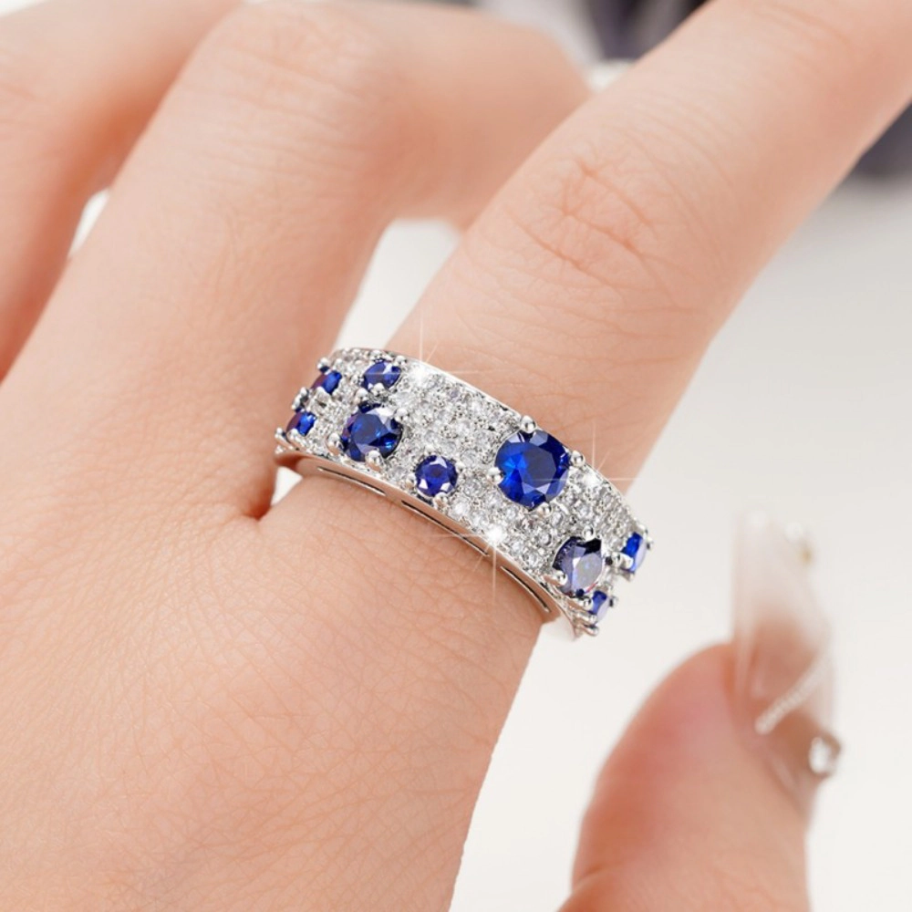 Wardrobe Whimsy Oval Blue Cubic Zirconia Wide Band Ring Elegant Stackable Statement Ring for Women