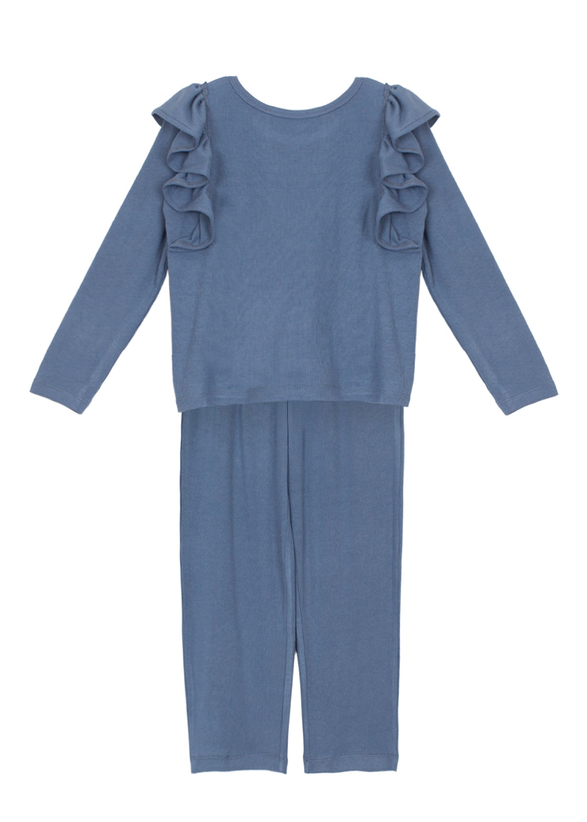 Candy Land Ribbed Knit Two-Piece Set - Long-Sleeve Ruffle Top and Jogger Pant, Dusty Blue
