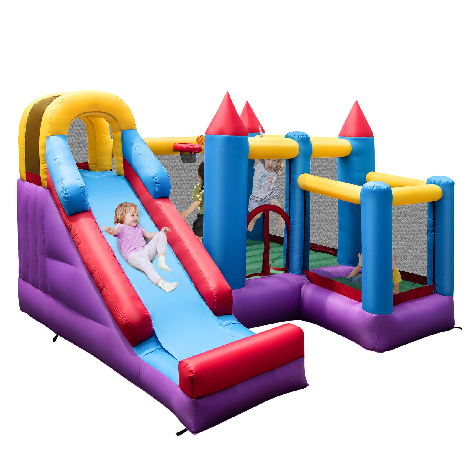 SUGIFT 4-in-1 Inflatable Bounce Castle Long Slide Climbing Wall Basketball Hoop 200-lb Capacity Ages 3-12 Multi-color