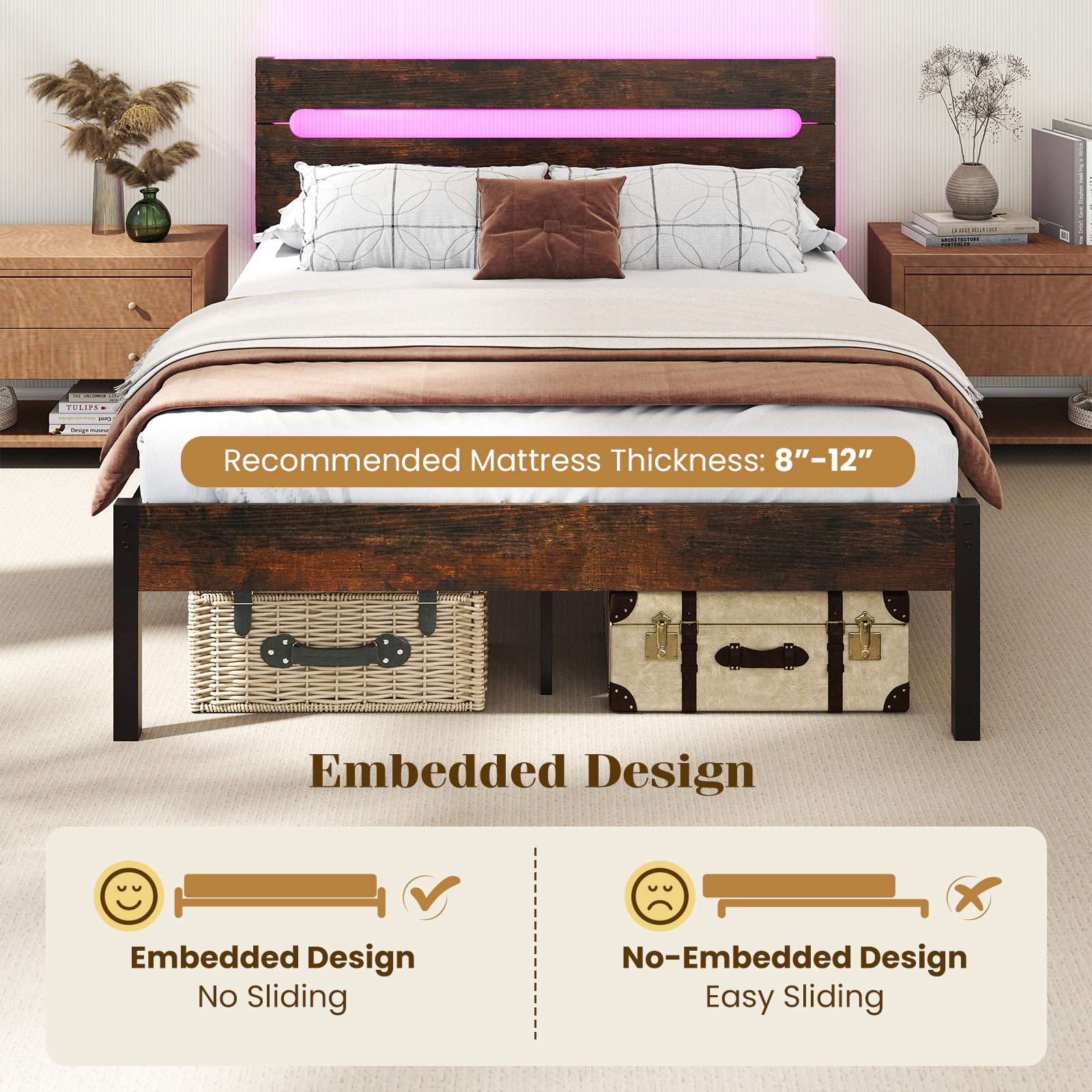 SUGIFT Metal Slats Support Bed Frame with LED Lighting & Charging Station 880-lb Capacity Rustic Brown + Black