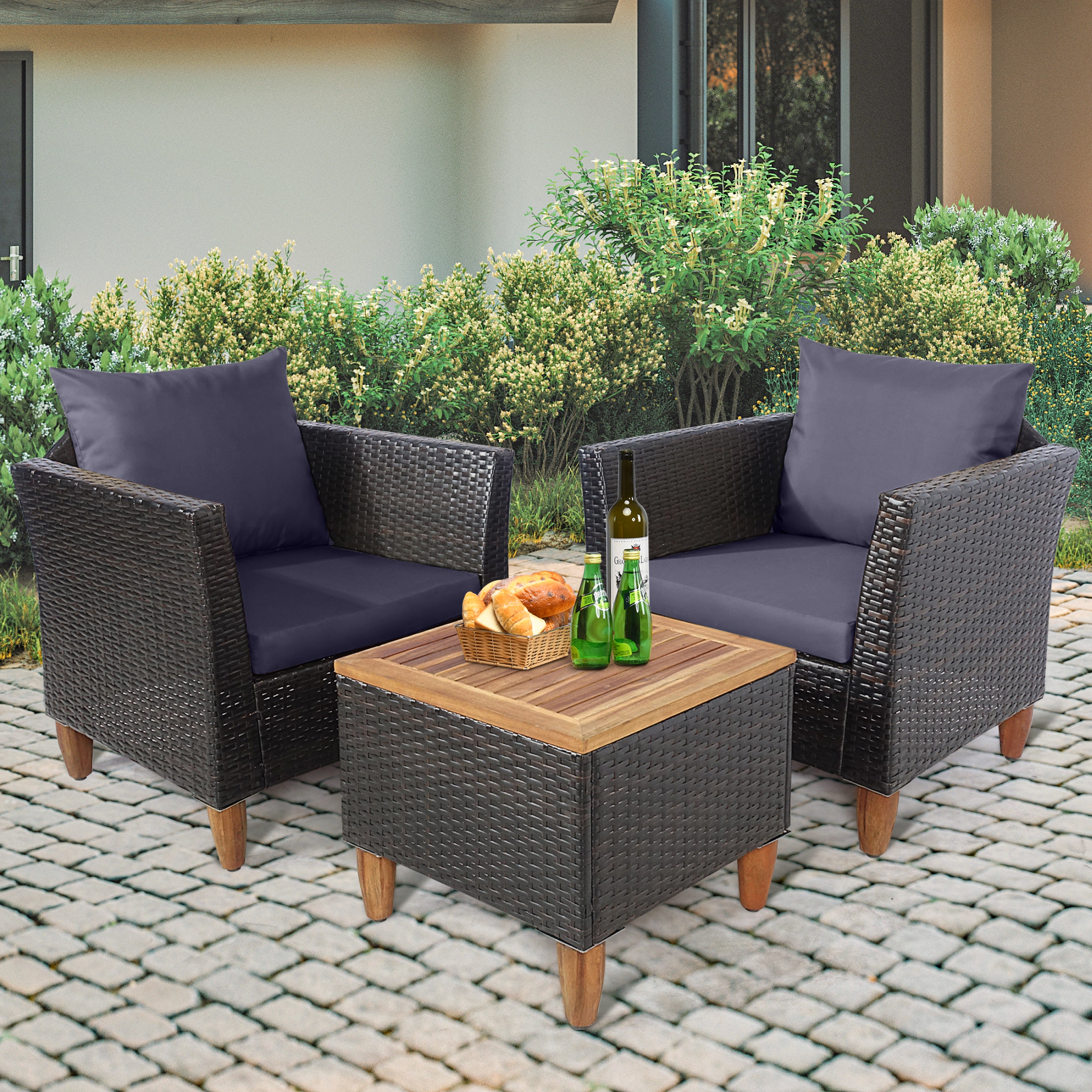 SUGIFT Outdoor Patio Wicker Conversation Set with Cushions and Acacia Wood Coffee Table 400-lb Chair Capacity Gray