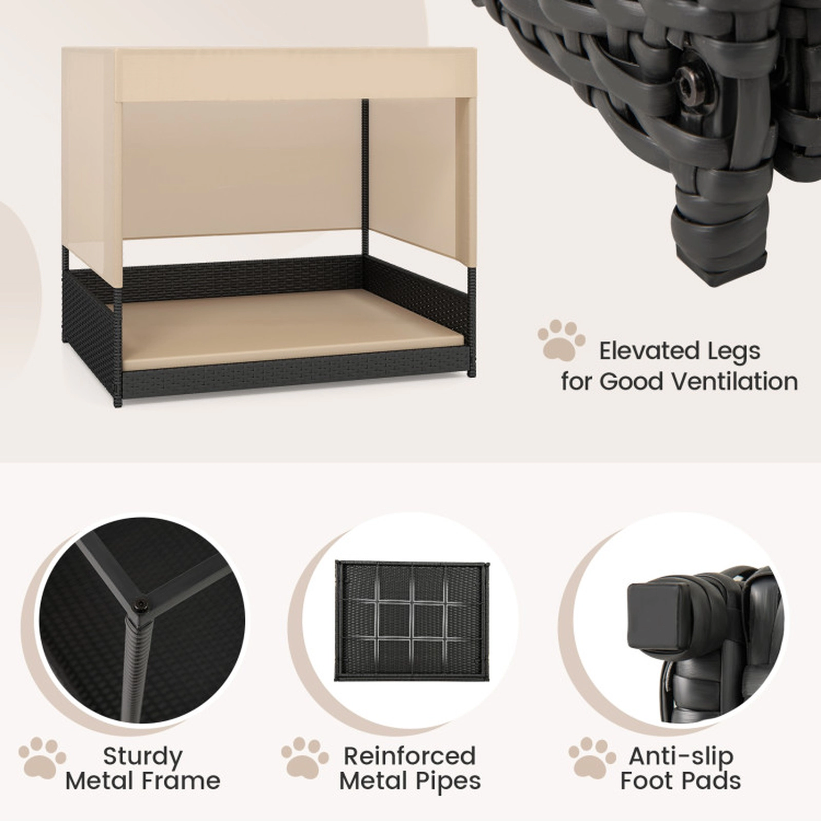 SUGIFT Black Elevated Wicker Dog House with Canopy Roof and Removable Cushion 35.5-in W 27.5-in D 32-in H