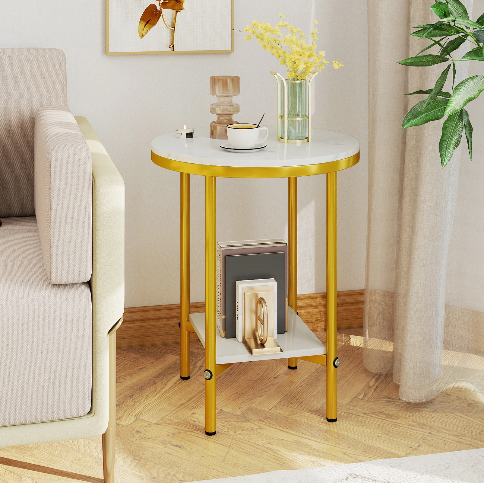 Glintex 2-Piece Round Faux Marble Accent Table Set with X-Braced Gold Frames, White
