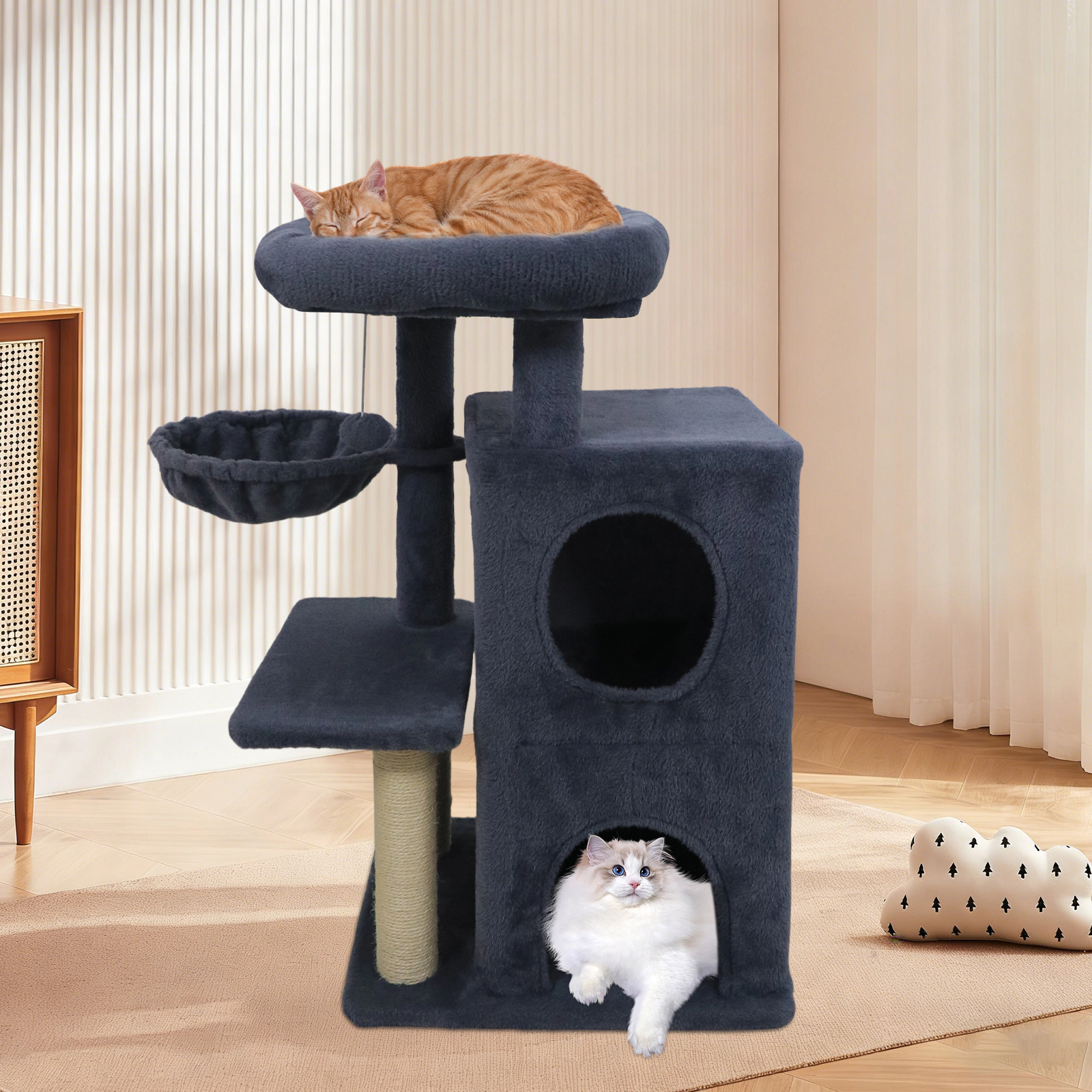 SUGIFT 33.5-in Cute 2-Tier Kitten Condo Tower Cat Tree with Padded Top Perch and Basket 22-lb Capacity Dark Gray