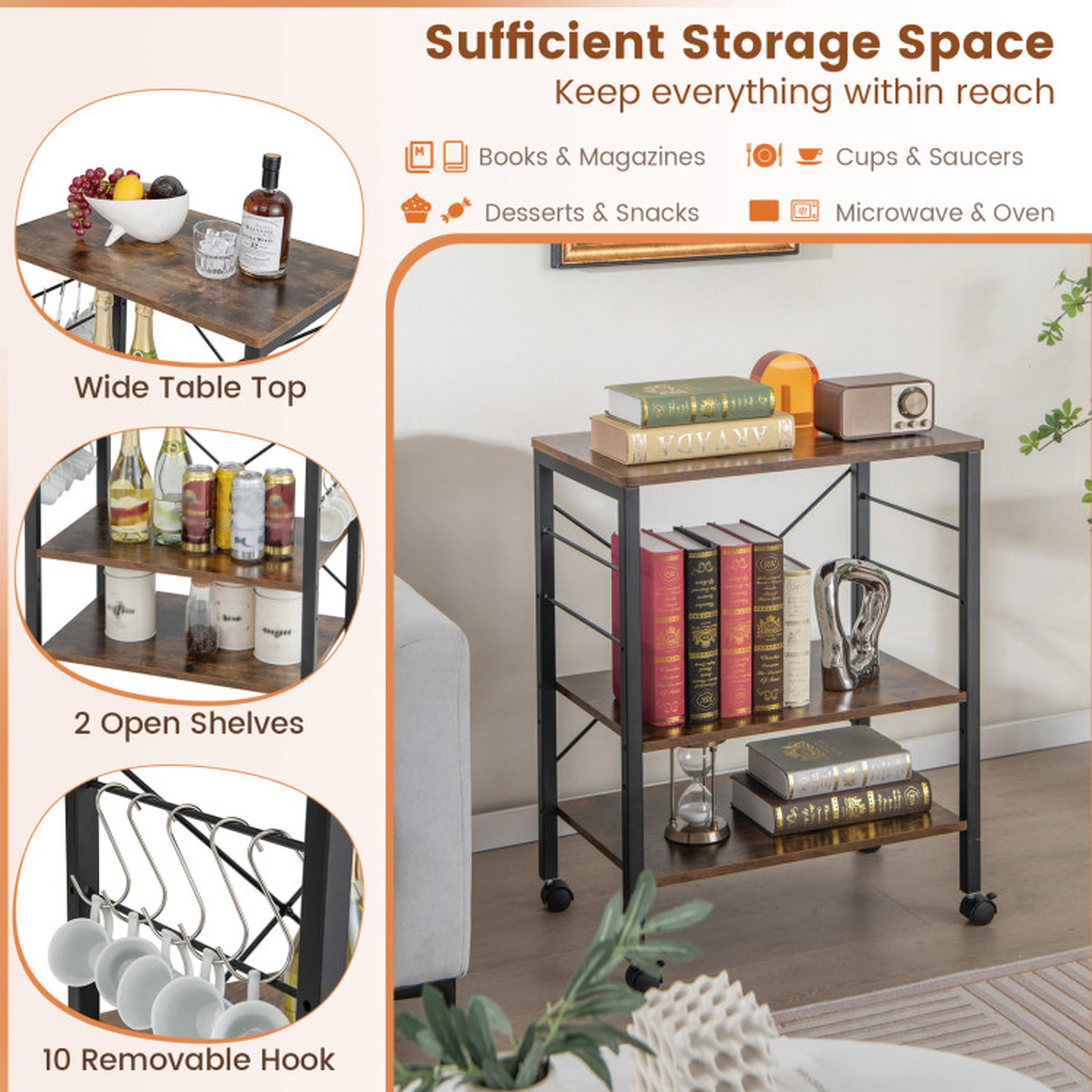 SUGIFT 3-Tier Kitchen Bakers Rack Rustic Brown Microwave Cart with 10 Hooks