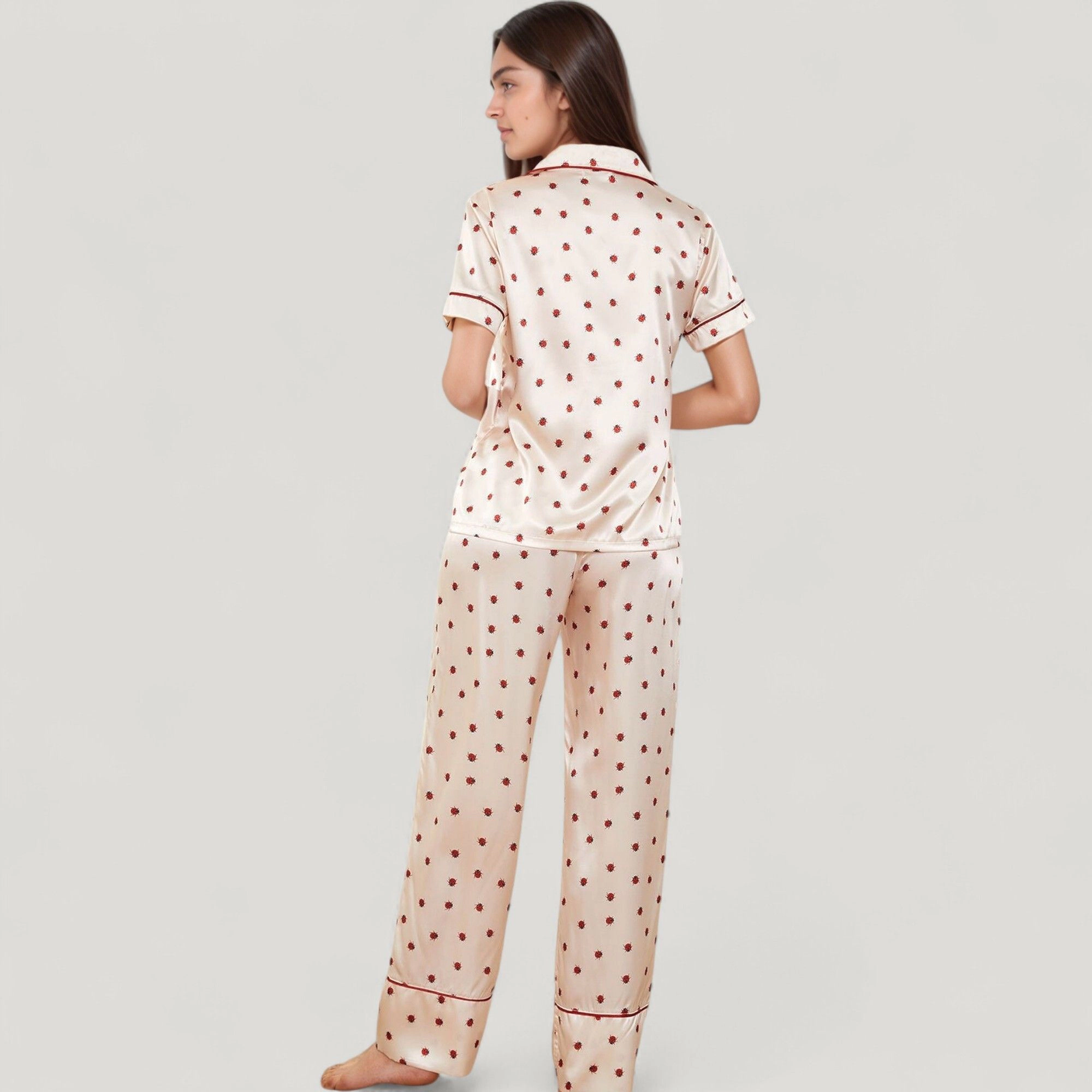 Anna-Kaci Women's Satin Pajama Set with Short Sleeve Notch Collar Button Up Top and Polka Dot Wide Leg Pants