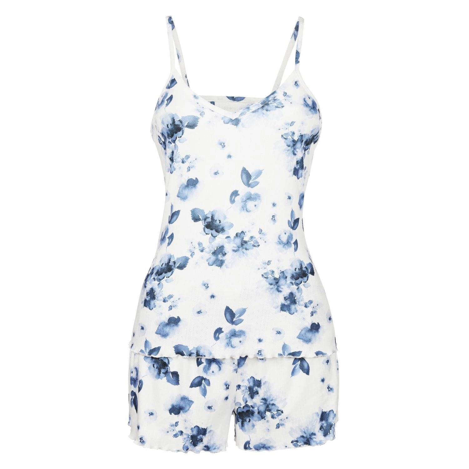 MeMoi Women's Scalloped Edge Matching Blue Floral Two-Piece PJ Set