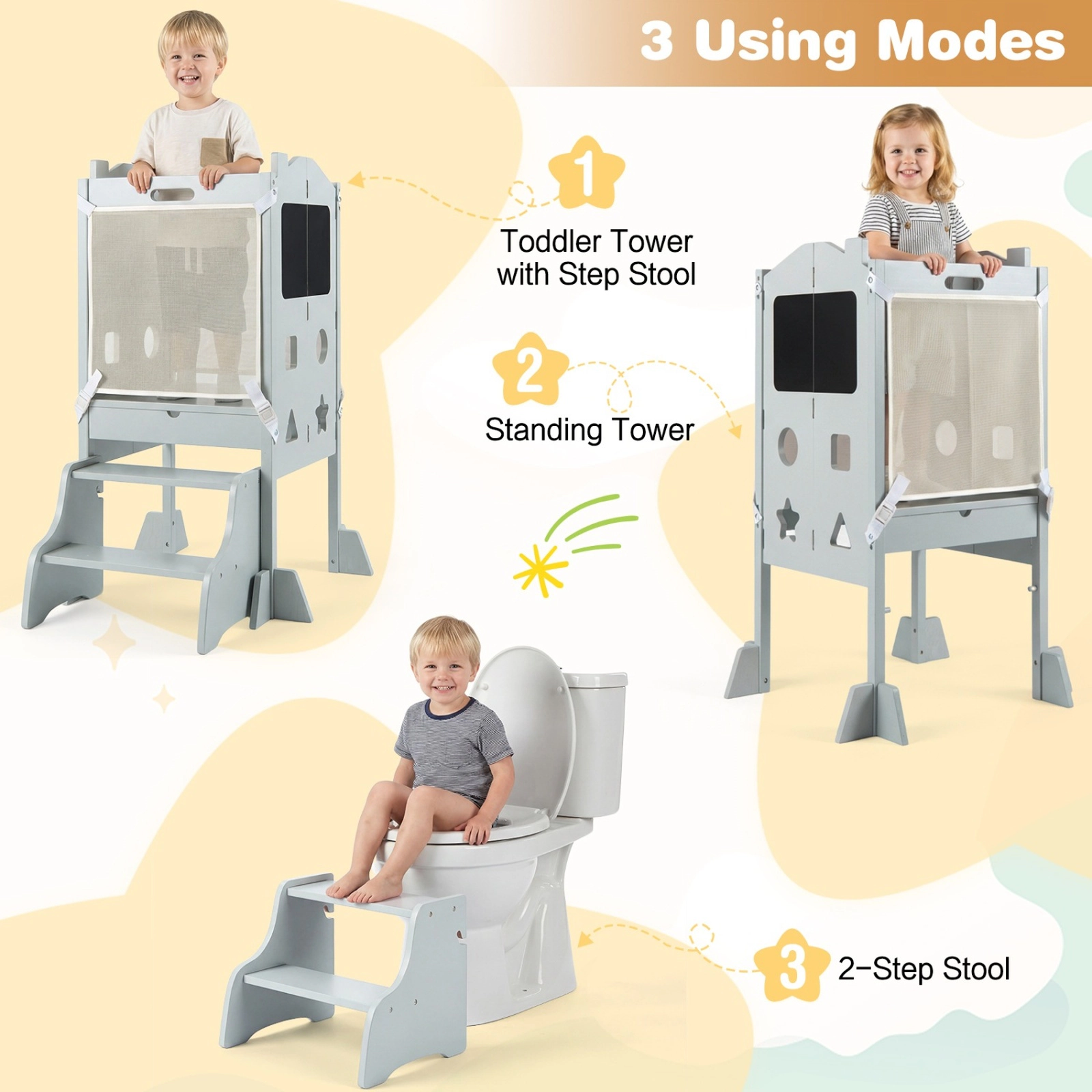 SUGIFT Foldable Toddler Standing Tower and 2-Step Stool with Chalkboards 110-lb Capacity Ages 2+ Gray/White