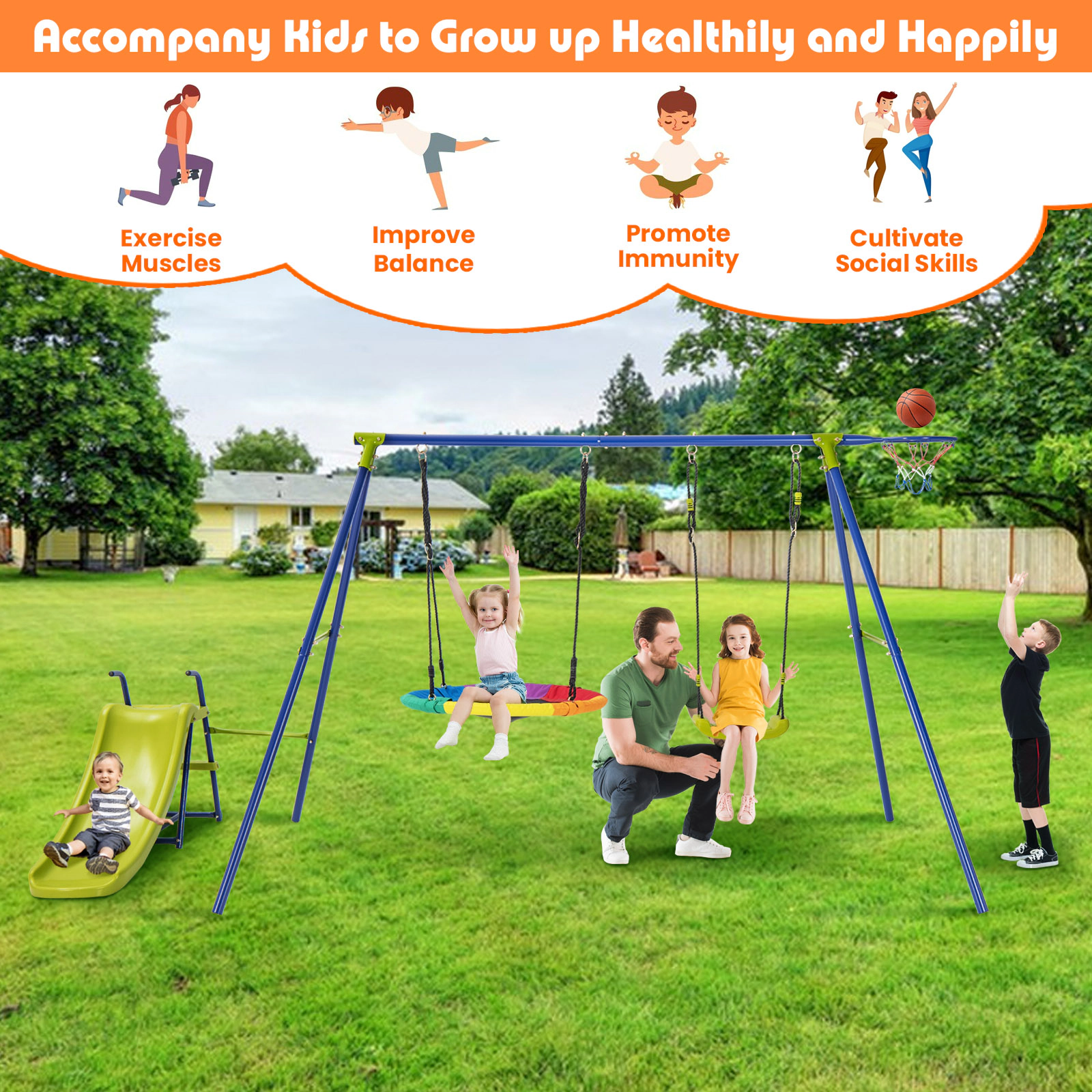 SUGIFT 4-in-1 Heavy-Duty Metal Kids Playset with Slide 32.5-in Saucer Swing Belt Swing and Basketball Hoop