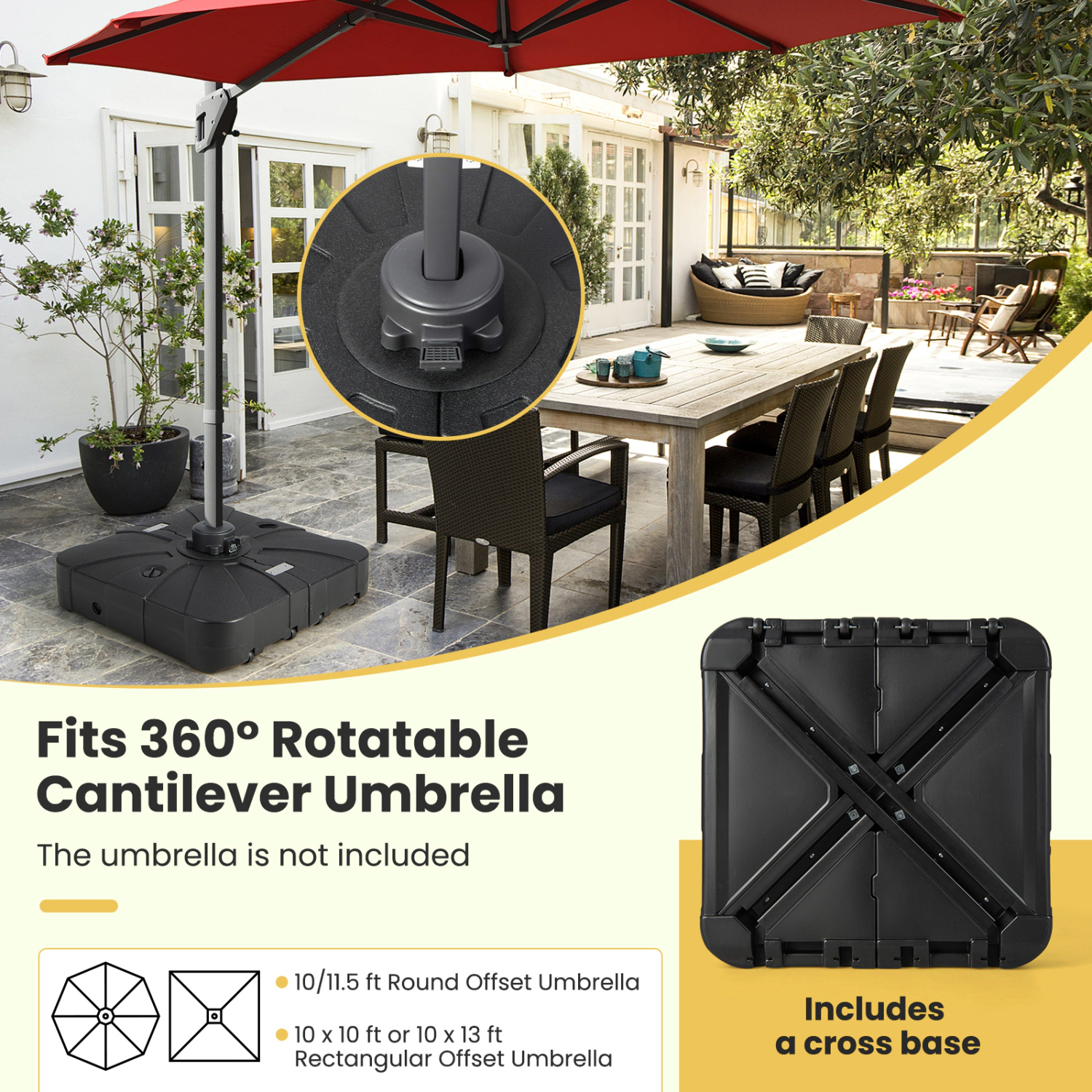 Slickblue Black Fillable Outdoor Umbrella Base with Wheels for Large Cantilever Umbrellas