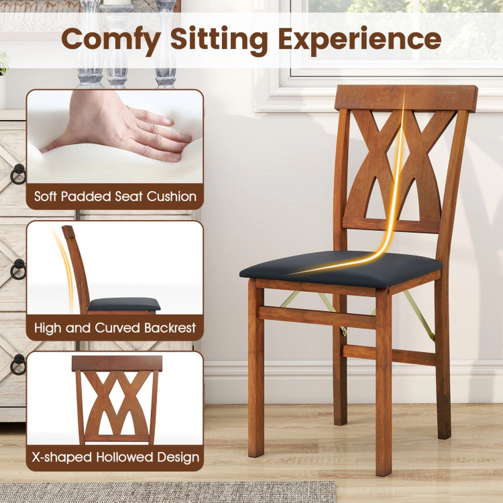 SUGIFT Folding Wooden Dining Chair Faux Leather Upholstered Armless Kitchen Chair 330-Lb Capacity Black and Walnut