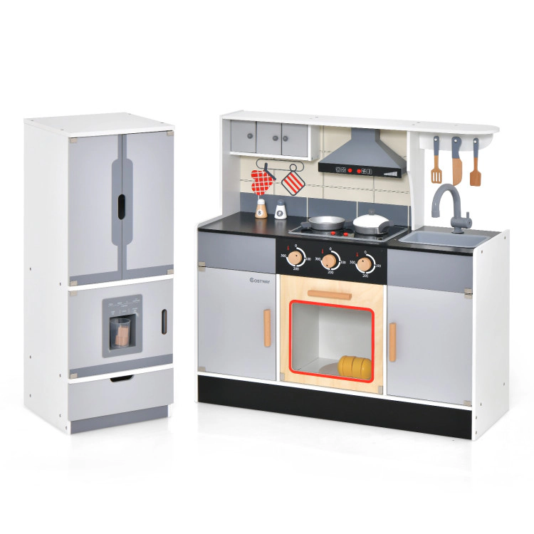 Hivvago Wooden Chef Play Kitchen and Refrigerator with Realistic Range Hood and Roaster