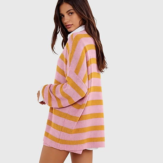 YesFashion Womens Oversized Striped Sweater Sets Matching Long Sleeve Top and Shorts Pajamas Sets