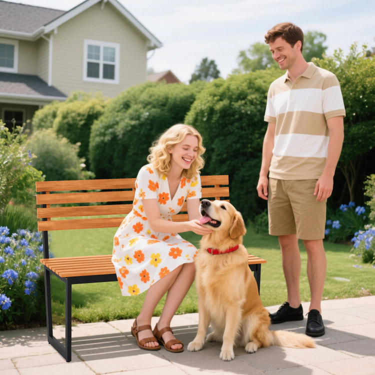 Hivvago Outdoor Bench Acacia Wood Patio Loveseat With Backrest And Heavy Duty Metal Frame