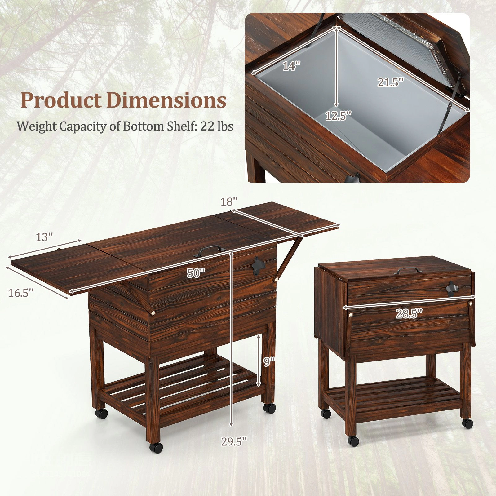 SlickBlue 54 Quart Wooden Patio Cooler Cart with Wheels and Storage Shelves