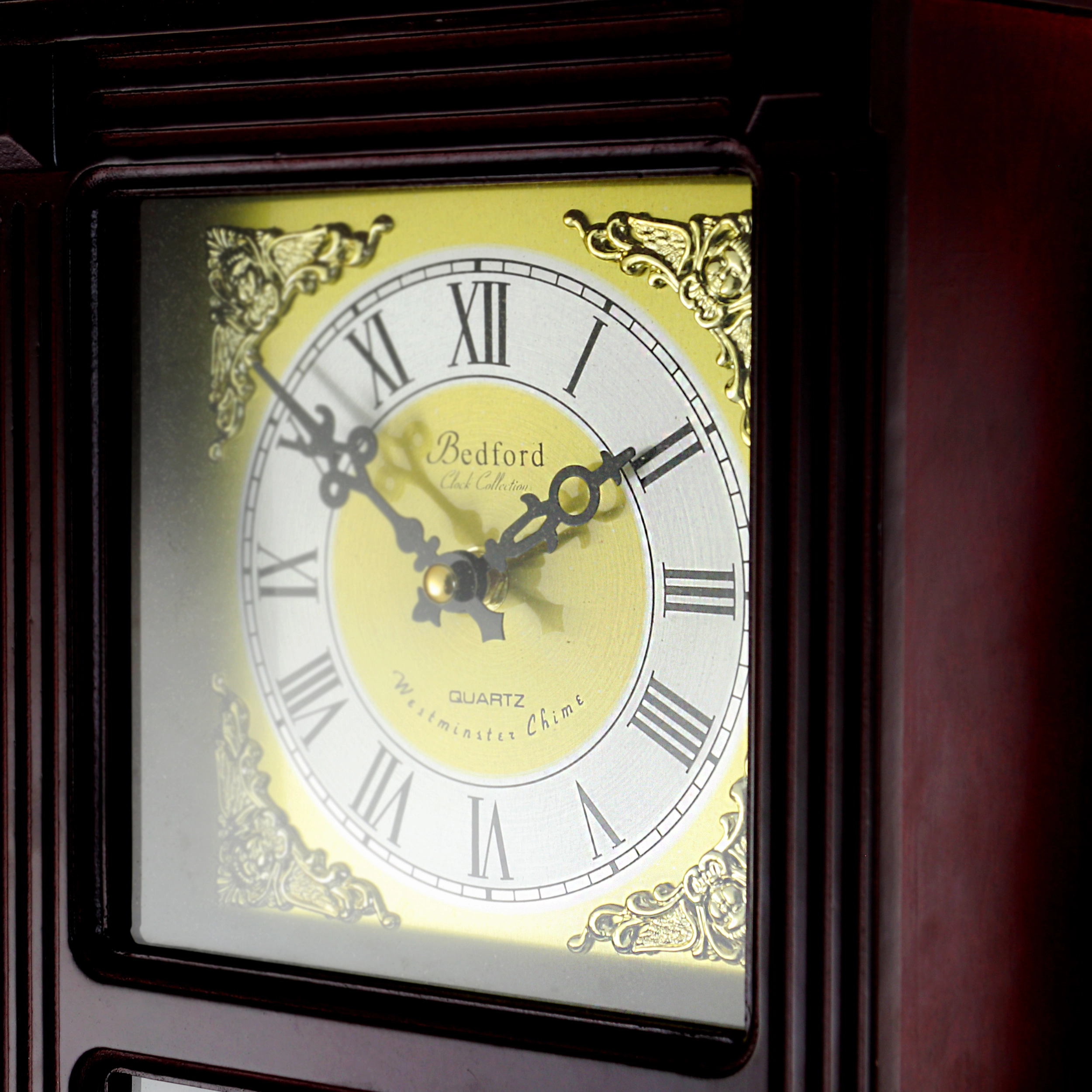 Bedford Clock Collection 22 Inch Wall Clock in Mahogany Cherry Oak Wood with Brass Pendulum and 4 Chimes