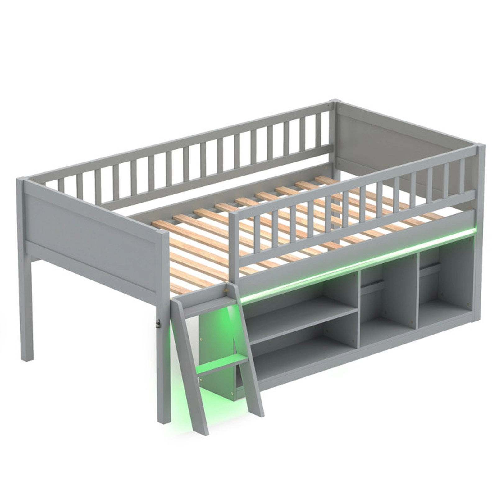 SUGIFT Twin Size Loft Toddler Bed with Adjustable LED Lights Bookshelves and Guardrails 400-lb Capacity Gray and White