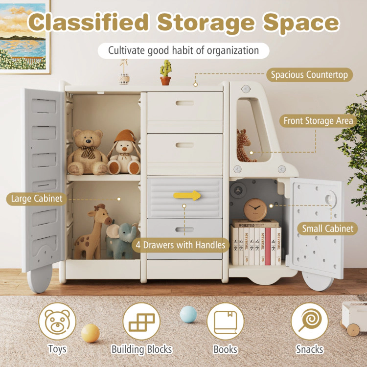Hivvago Kids Toy Storage Organizer Bus-shaped Children Cabinet with 4 Pull-out Drawers with Handles
