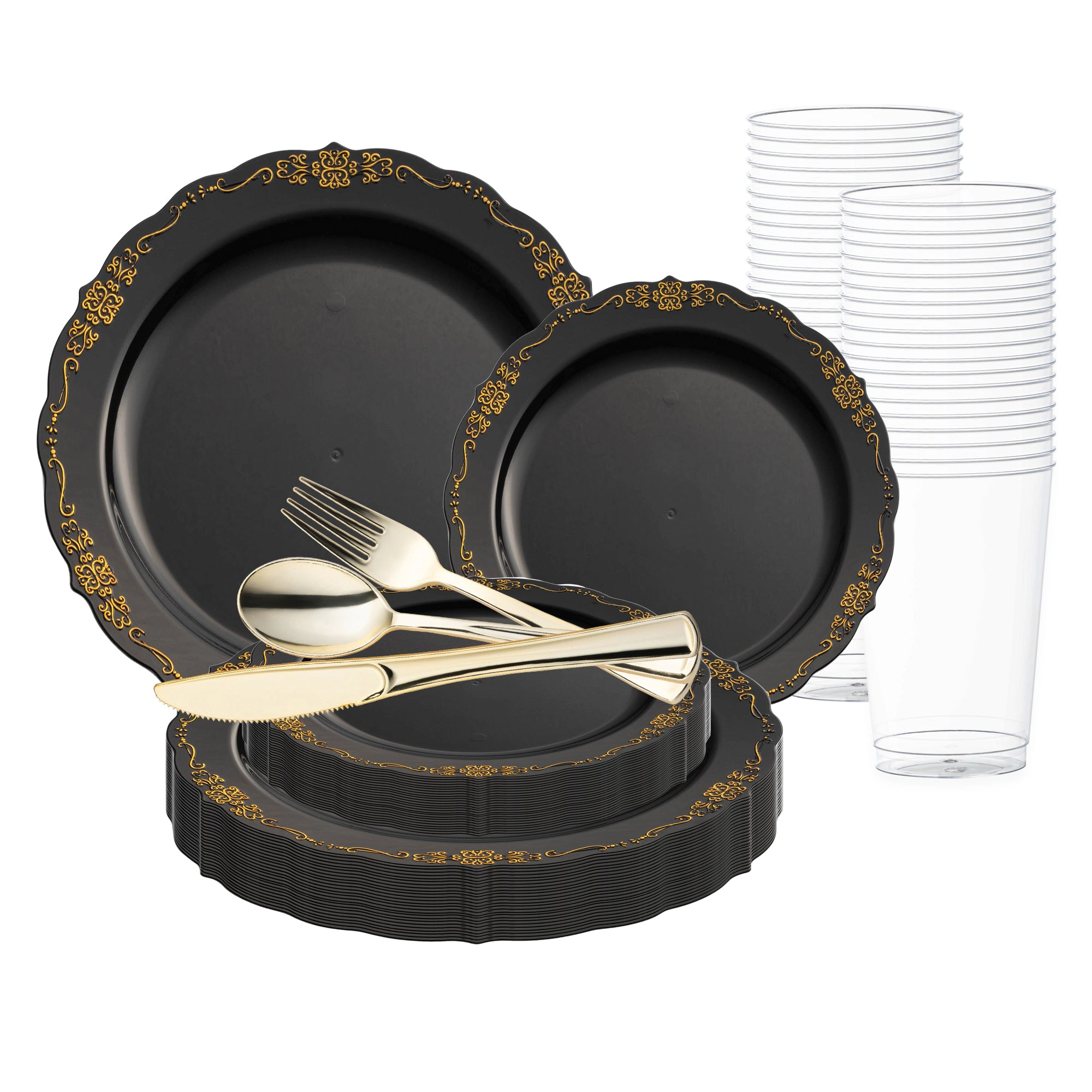 Smarty Had A Party Black with Gold Vintage Rim Round Disposable Plastic Wedding Value Set