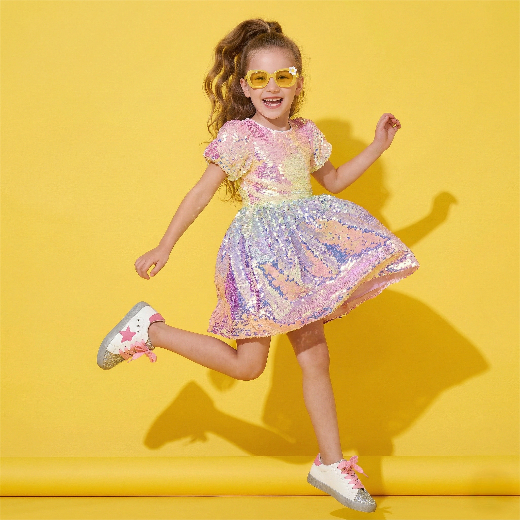 2Bunnies Girls Ombre Sequin Puff Sleeve Fit and Flare Party Dress