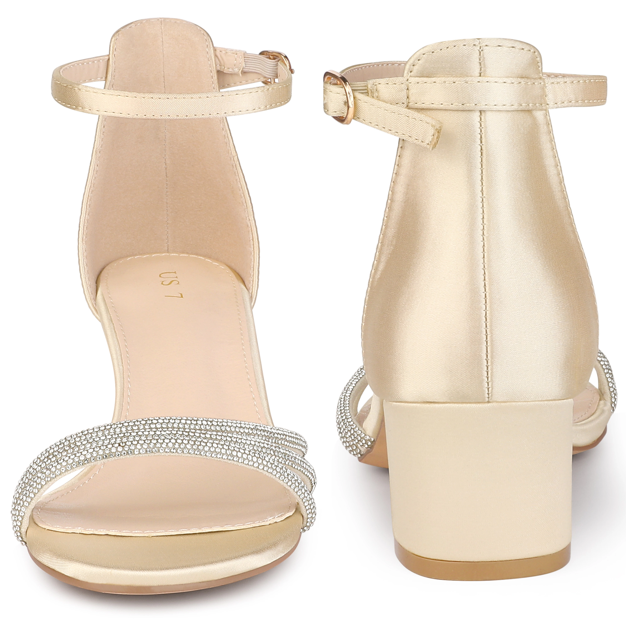 BLISSFUL STEP Women's Satin Rhinestones Open Toe Chunky Heel Sandals