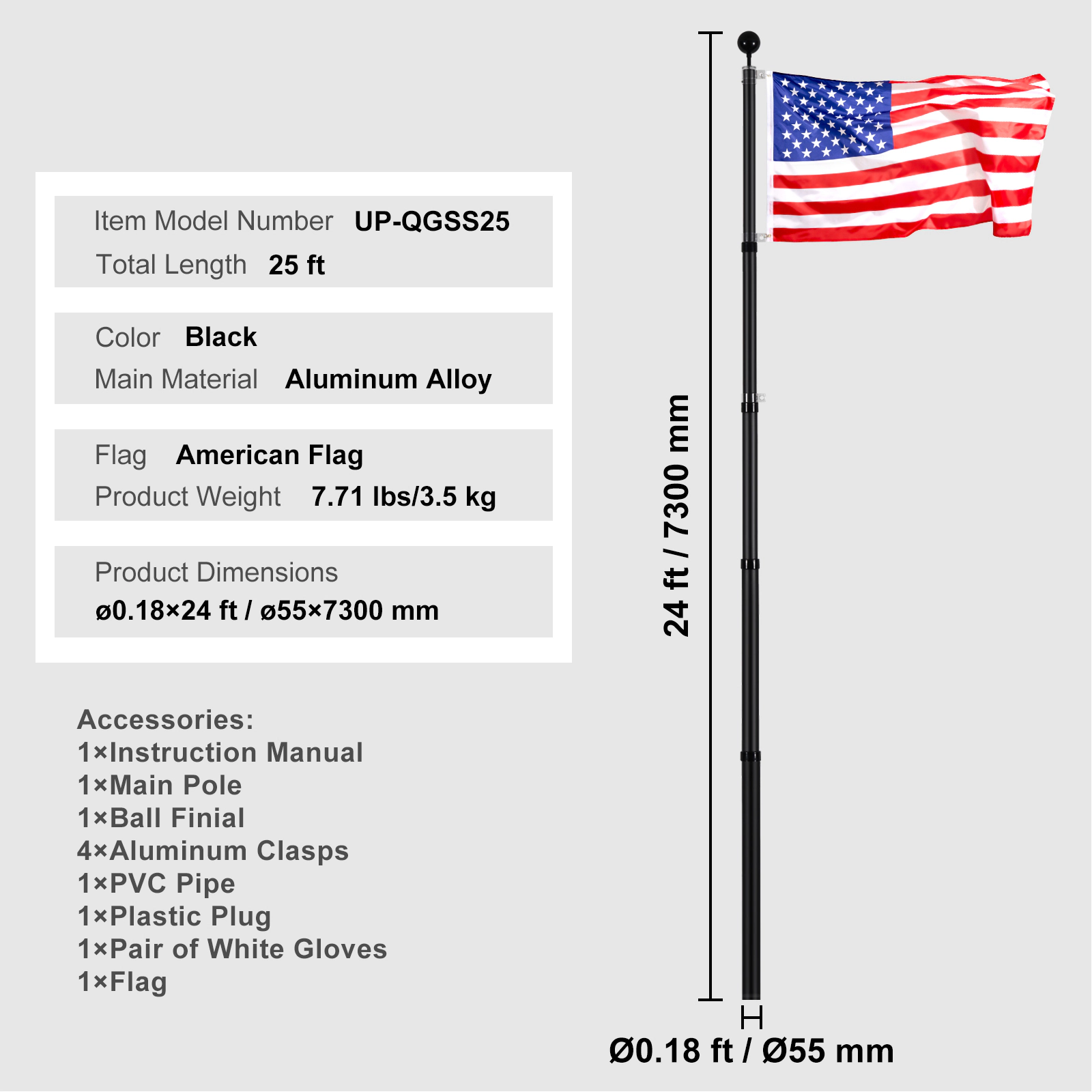HONGGE Telescoping Flag pole Kit Heavy Duty Aluminum Alloy in Ground Flag Poles for Outside 3 Display Modes Flagpole