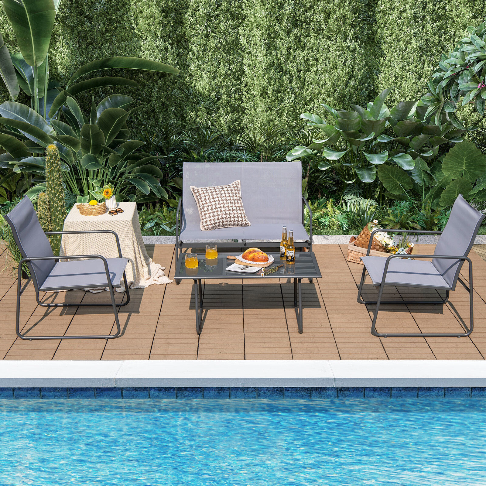 SUGIFT Tempered Glass Coffee Table and Loveseat 4-Piece Gray Metal Patio Chat Set