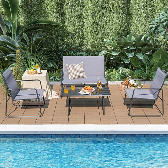 SUGIFT Tempered Glass Coffee Table and Loveseat 4-Piece Gray Metal Patio Chat Set