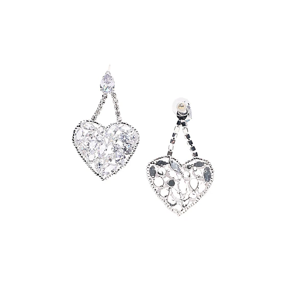 Women's Silver-Plated Heart Drop Earrings with Artificial Stone Accents