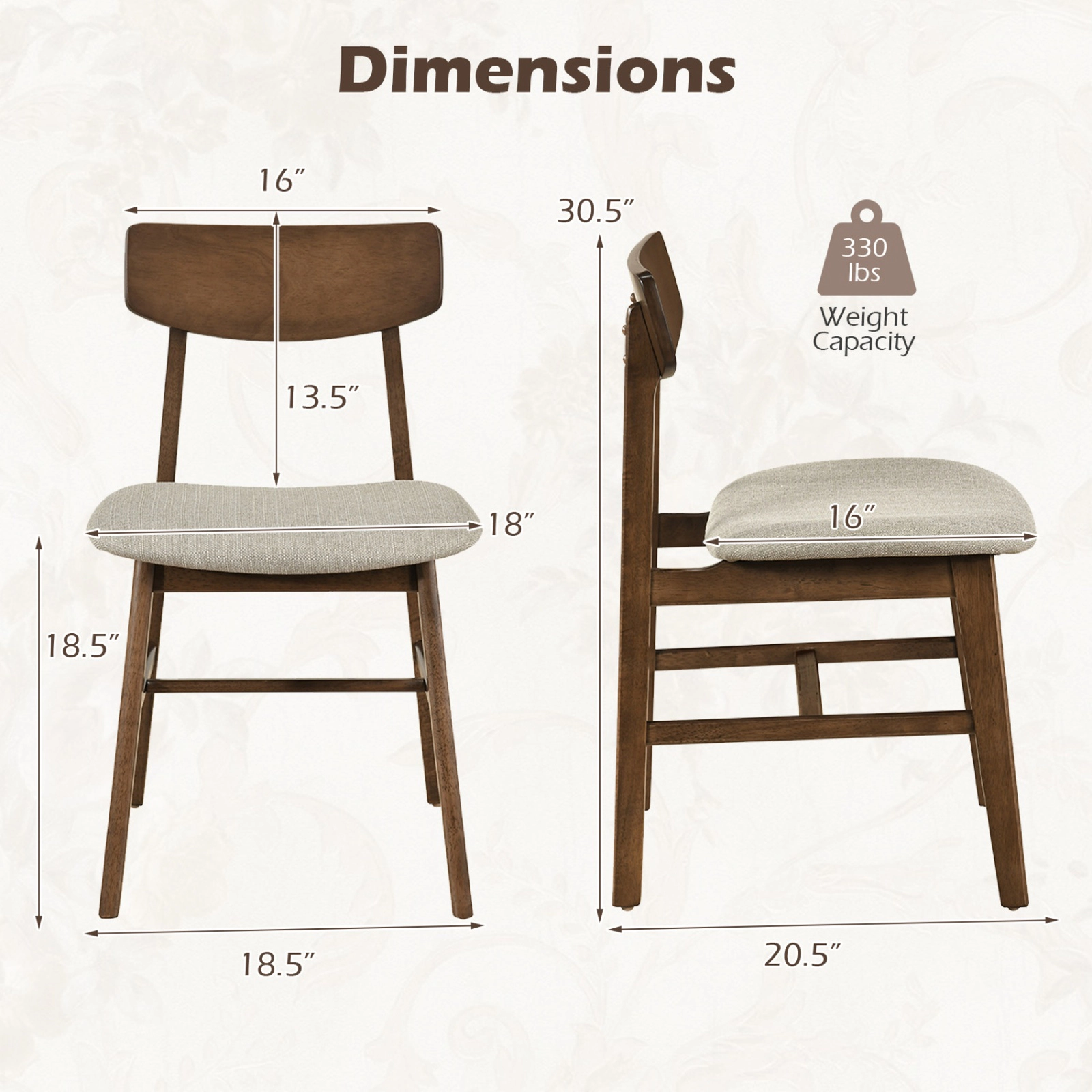 SUGIFT Solid Rubber Wood Dining Chairs Set of 4 with Curved Backrest 330-lb Capacity Walnut + Gray